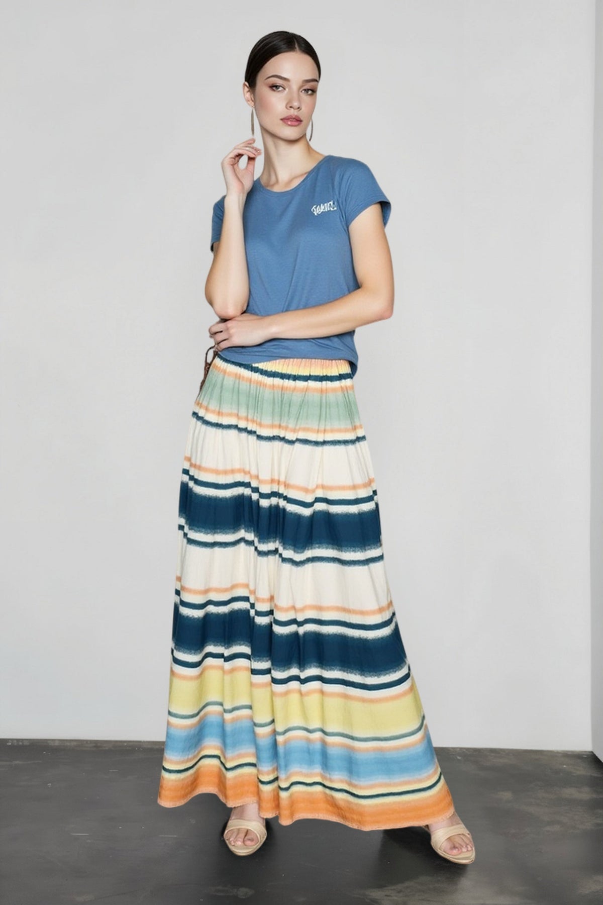 Striped Elastic Waist Tiered Flowy Maxi Skirt