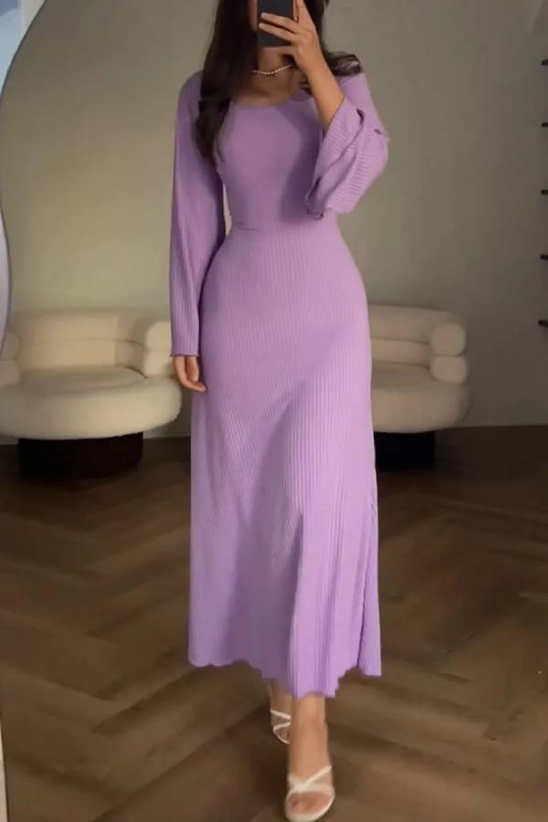 Rib Knit Square Neck Bell Sleeve Bodycon Maxi Dress