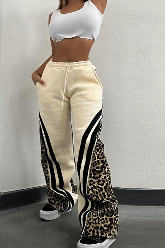 Leopard Print Panel Striped Drawstring Waist Fleece Sweatpants