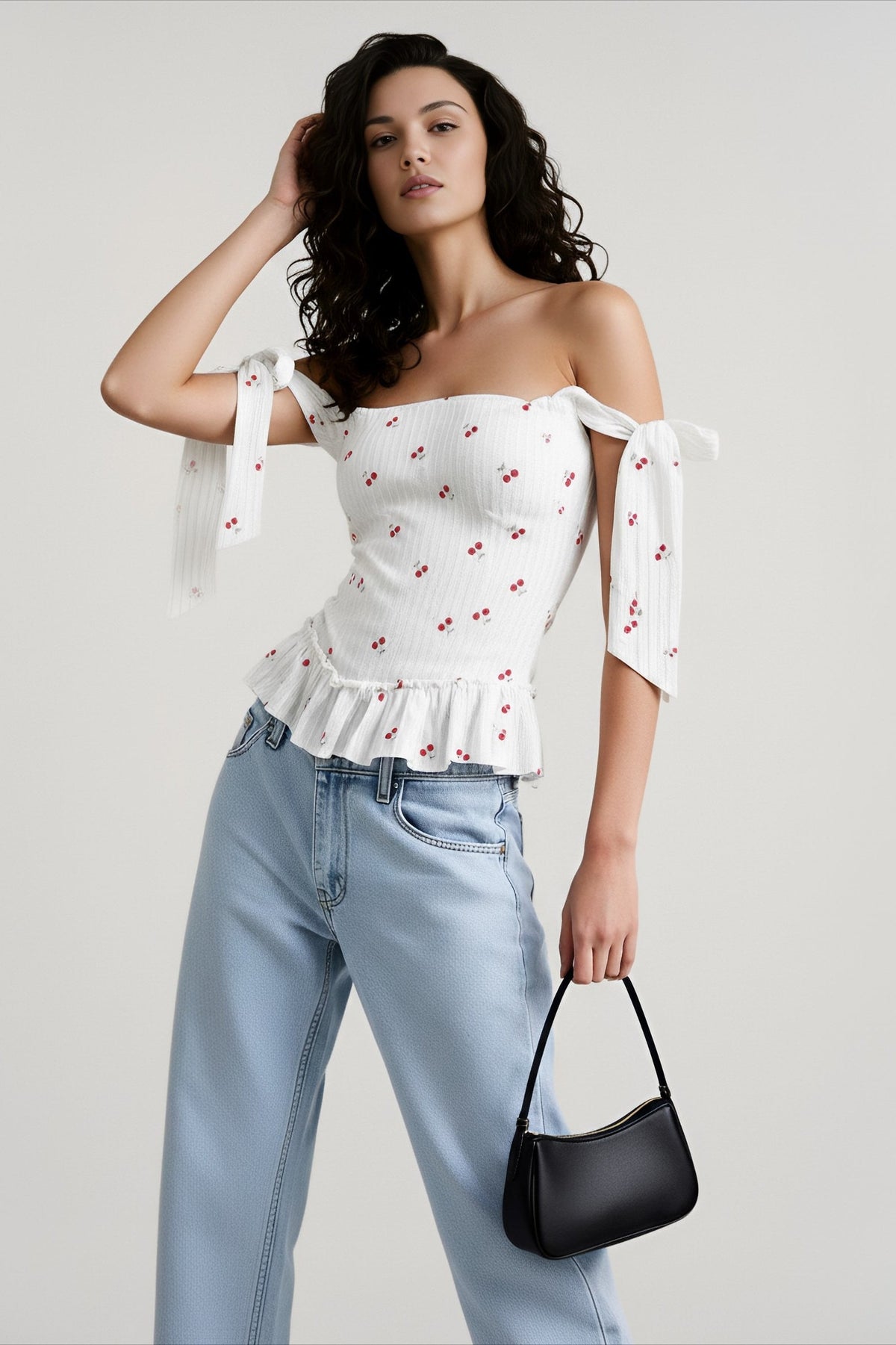 Cherry Print Off Shoulder Tie Sleeve Ruffle Hem Peplum Top 4