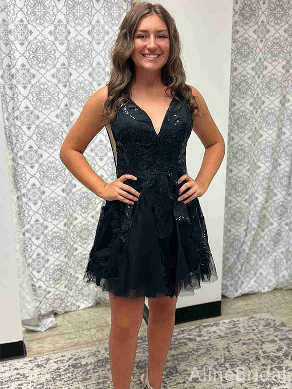 Sequin Lace Applique V-Neck Tulle A-Line Mini Homecoming Dress