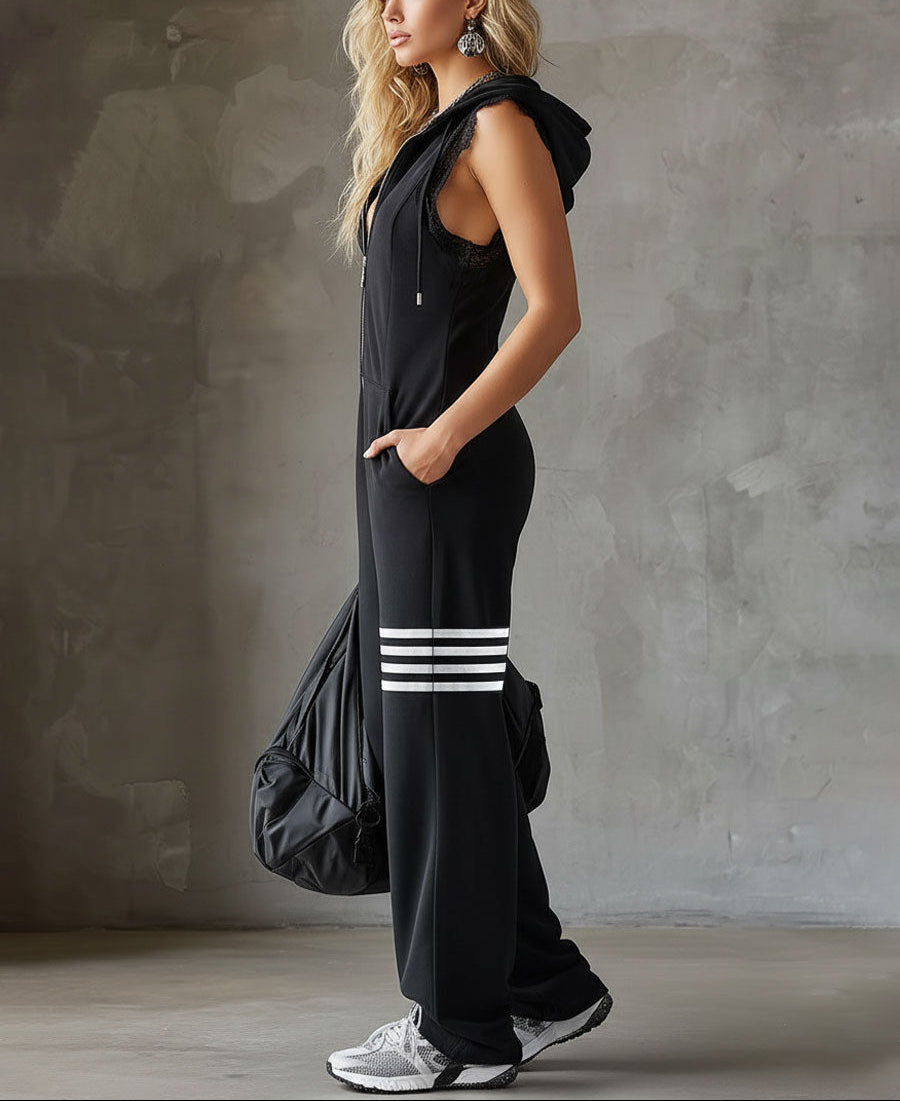 Lace Trim Hooded Zip Front Sleeveless Wide Leg Jumpsuit