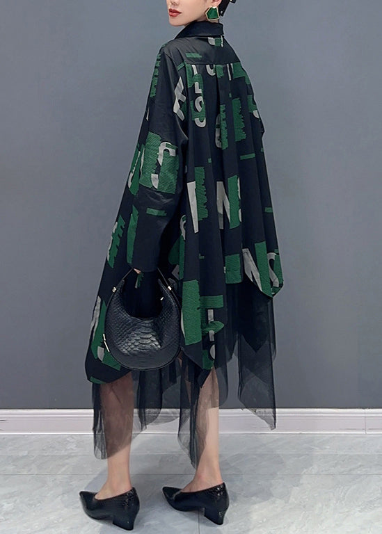 Letter Print Collared Button Down Long Sleeve Tulle Asymmetric Hem Shirt Dress