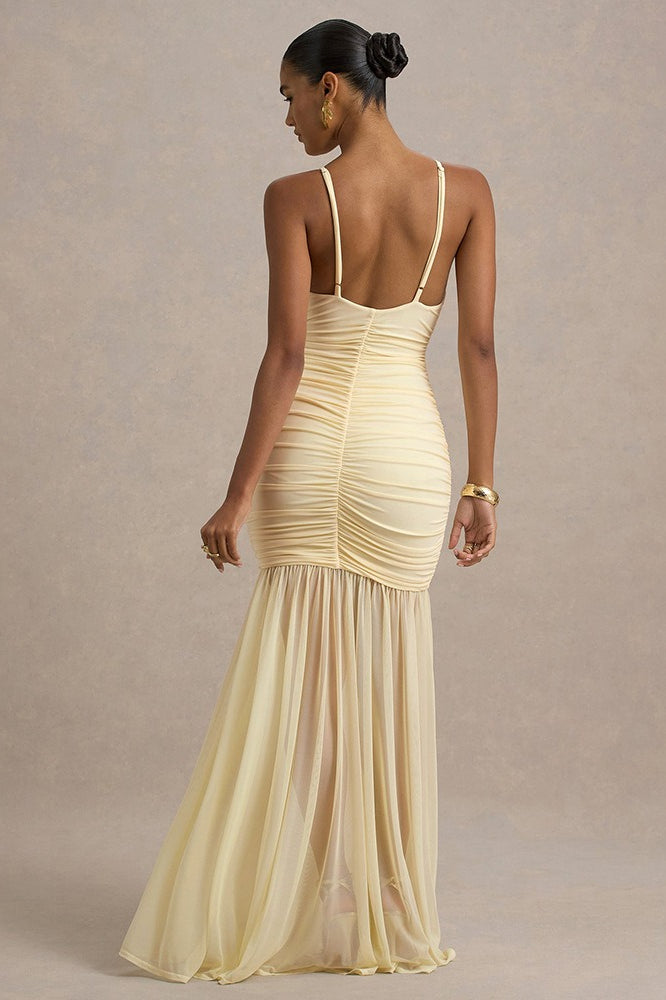 Satin Spaghetti Strap Plunge Ruched Maxi Dress