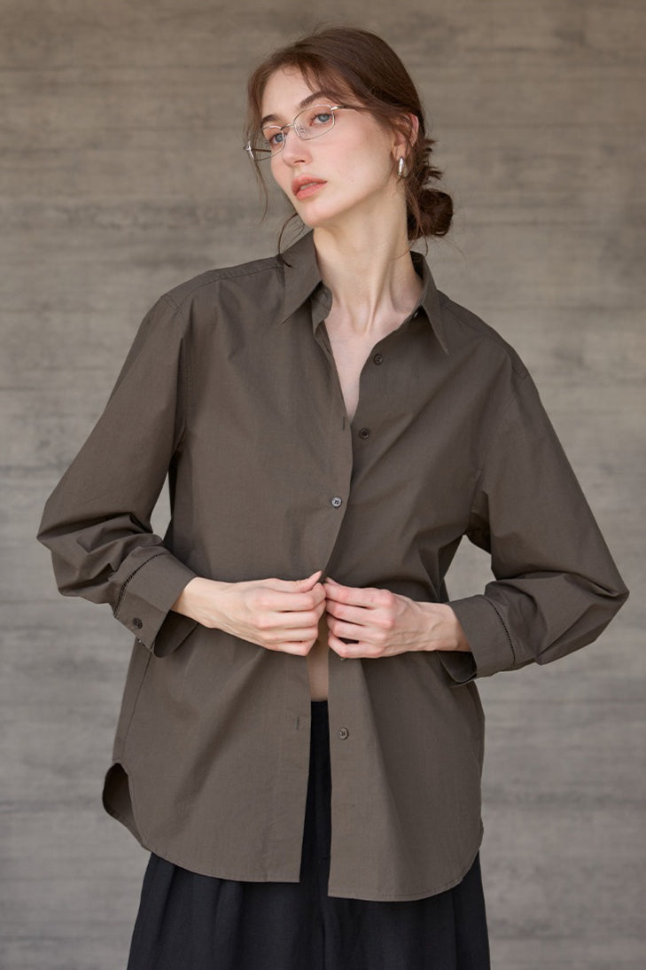 Collared Long Sleeve Curved Hem Relaxed Button Front Shirt