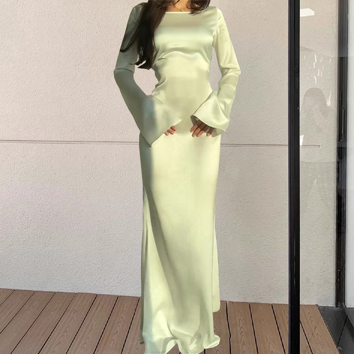 Satin Scoop Neck Bell Sleeve Ruched Waist Mermaid Maxi Dress