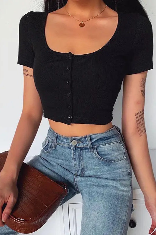 Button Front Slim Crop Top