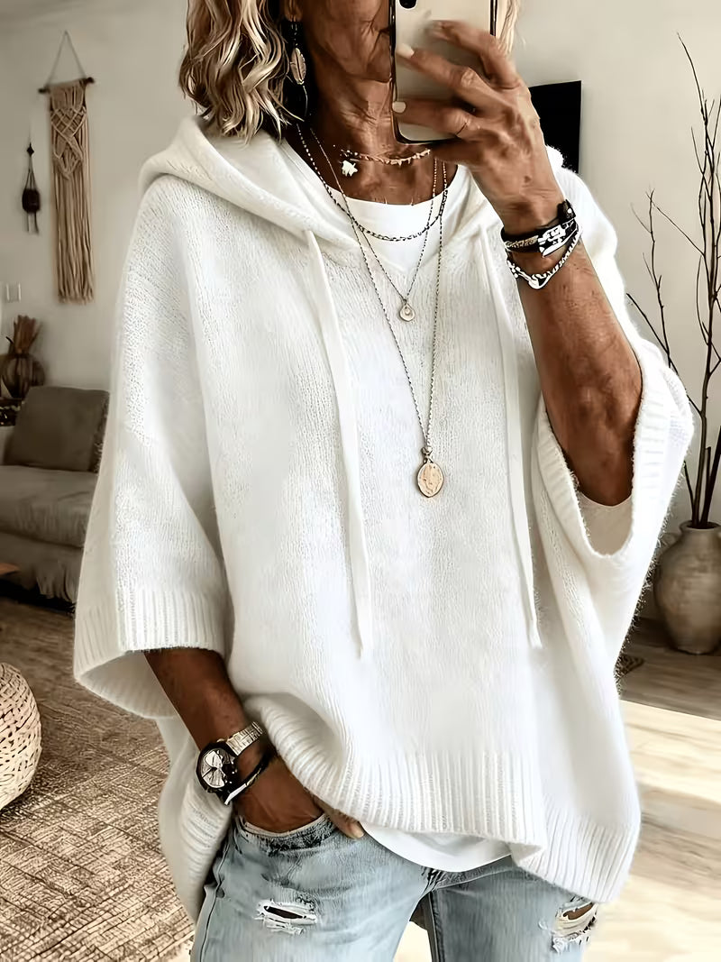 Hooded Drawstring Oversized Knit Poncho Sweater