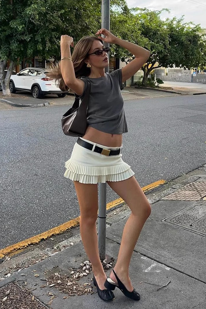 Low-Rise Vintage Washed Pleated Denim Mini Skort