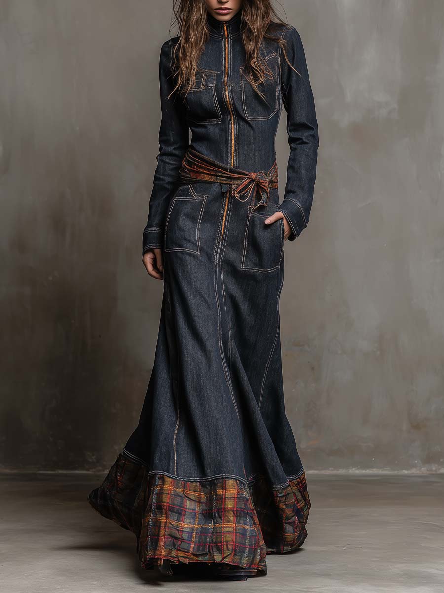 Denim Maxi Dress With Plaid Hem And Waist Tie