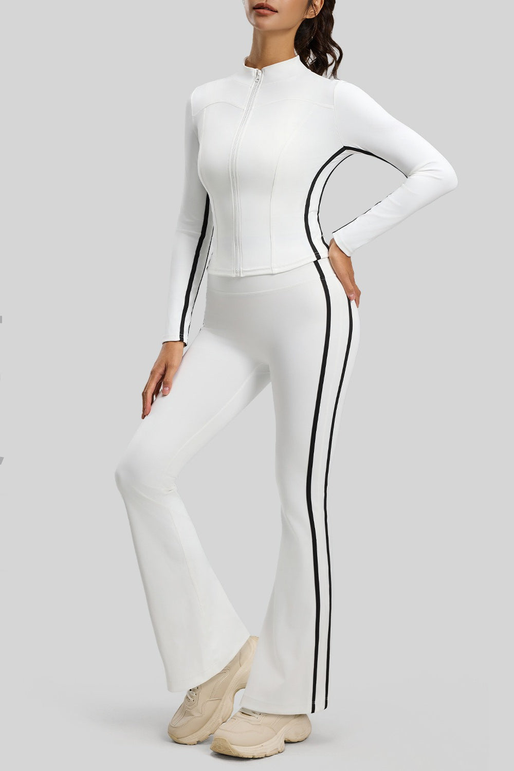 Mock Neck Zip Front Jacket and Side Stripe Flare Leggings Two Piece Set