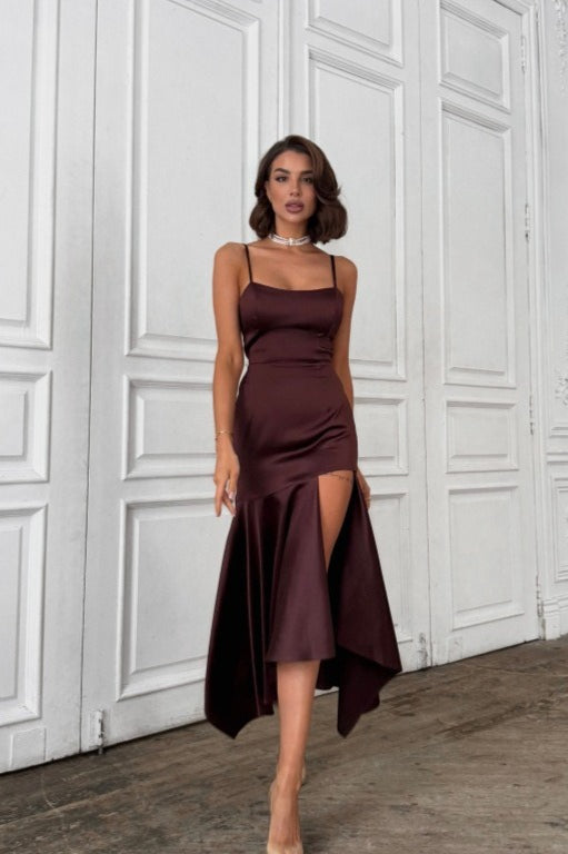Satin Spaghetti Strap High Split Handkerchief Hem Slip Midi Dress - View 3
