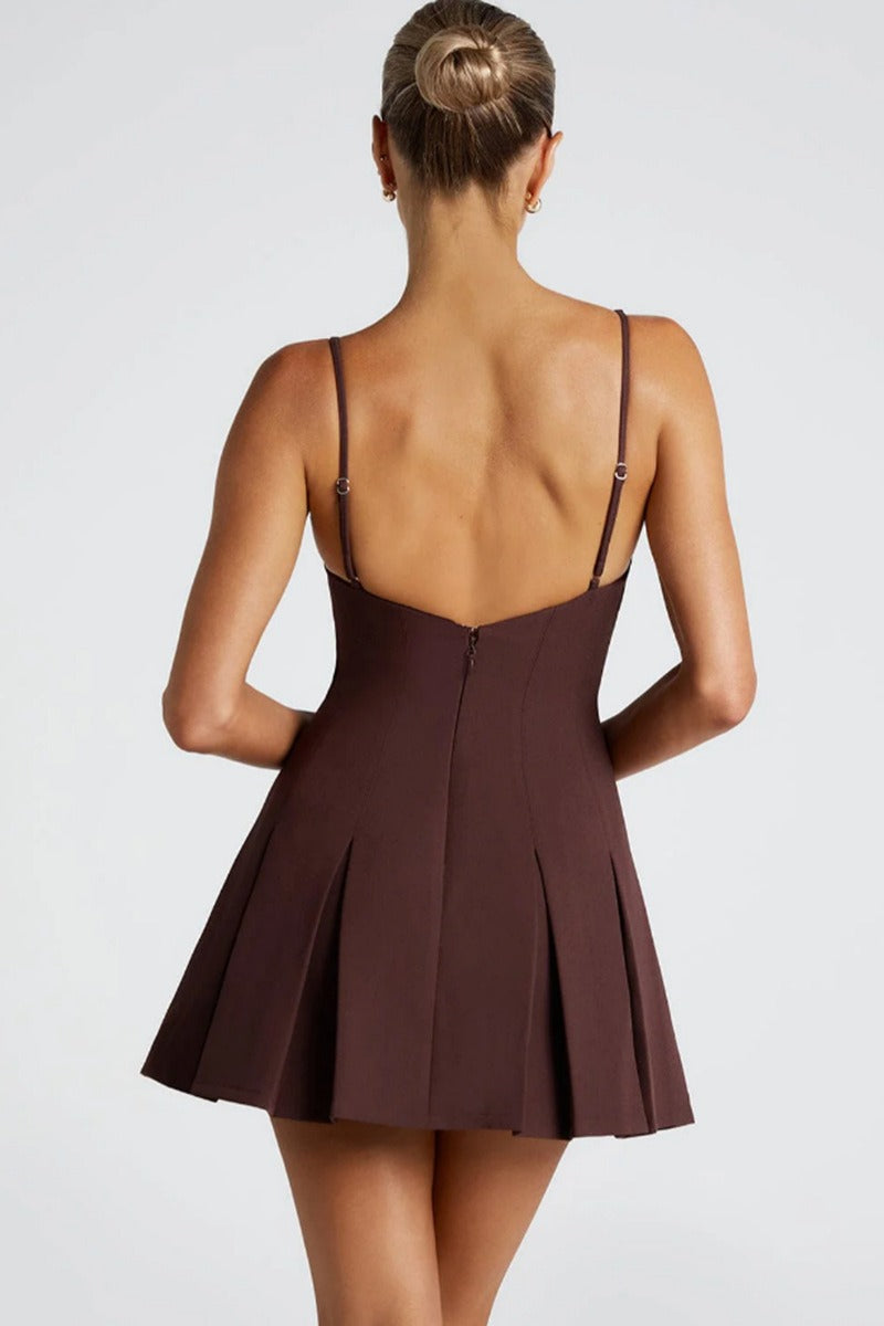 Boat Neck Sleeveless Box Pleat Structured Fit and Flare Mini Cocktail Dress