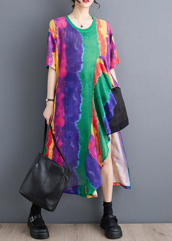 Plissé Abstract Stripe Print Round Neck Short Sleeve Asymmetric Pocket Midi Dress