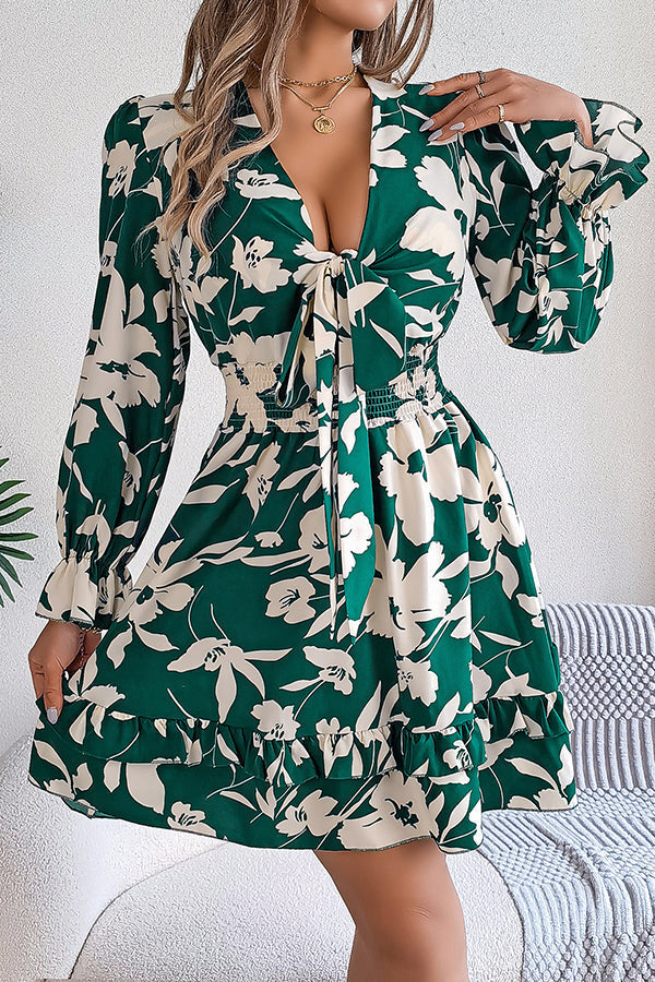 Floral Print V-Neck Tie Front Long Sleeve Ruffle Hem Mini Dress