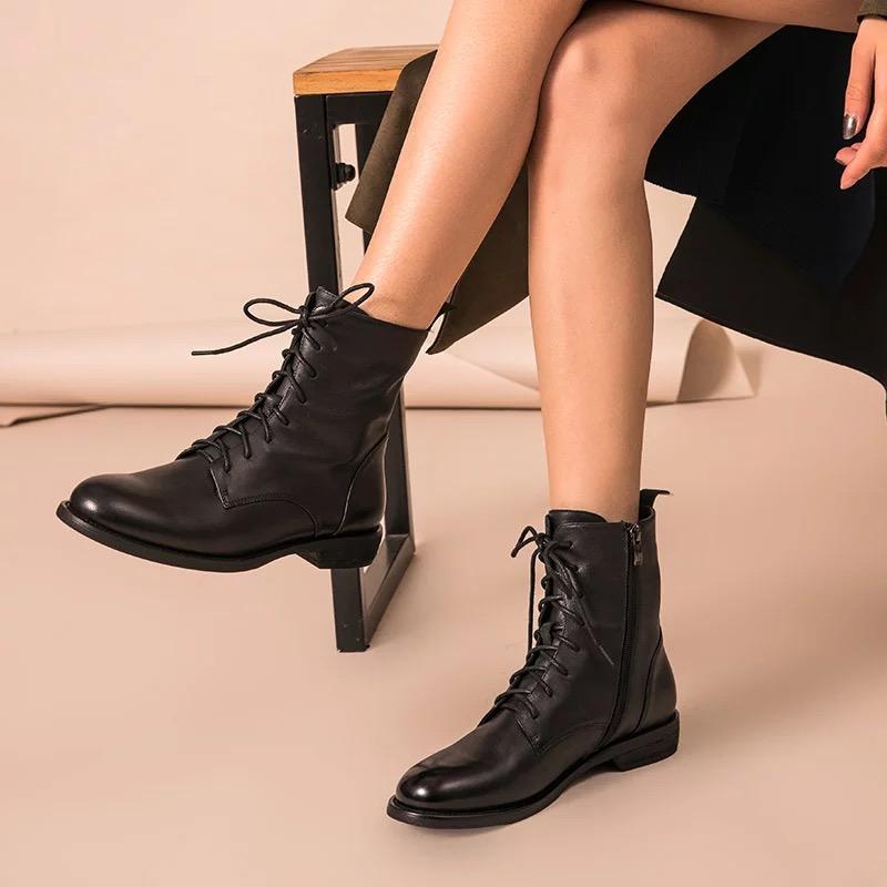 Ankle Boots Women Genuine Cow Leather Waxing Round Toe Lace Up Zip Fashion Motorcycle Female Shoes Handmade