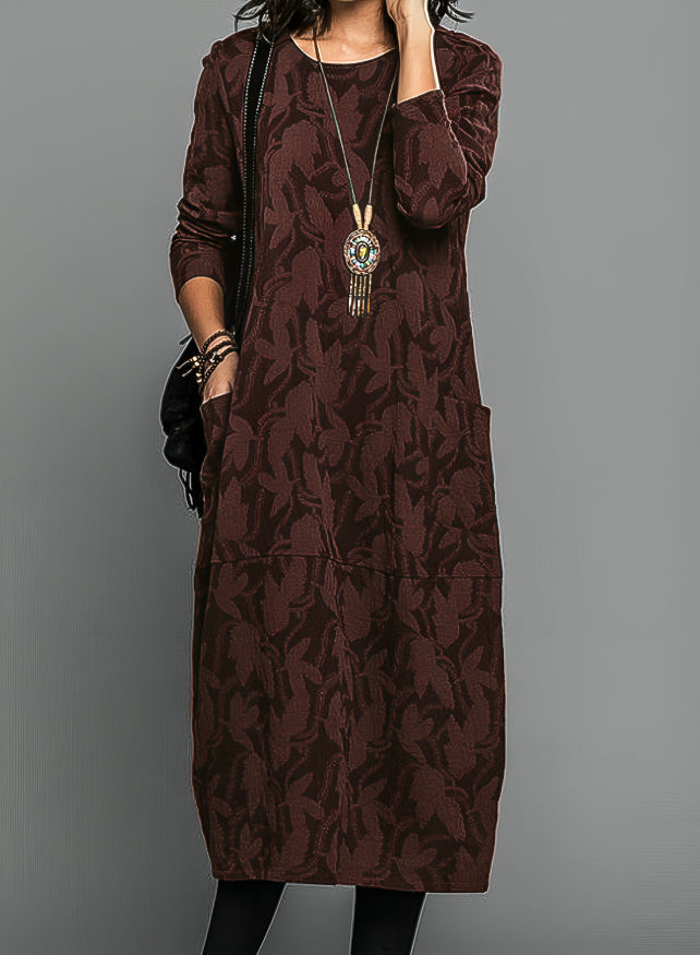 Leaf Jacquard Round Neck Long Sleeve Pocket Midi Dress