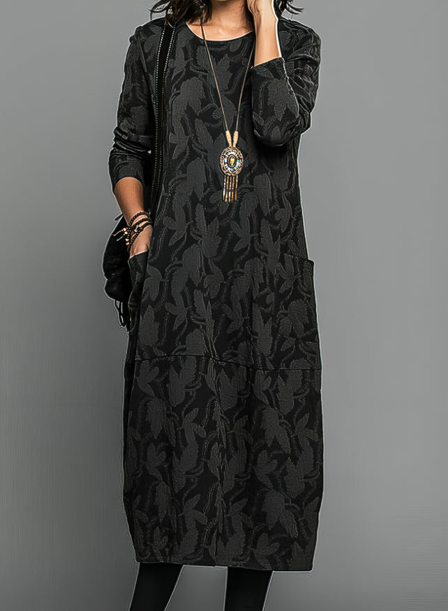 Leaf Jacquard Round Neck Long Sleeve Pocket Midi Dress