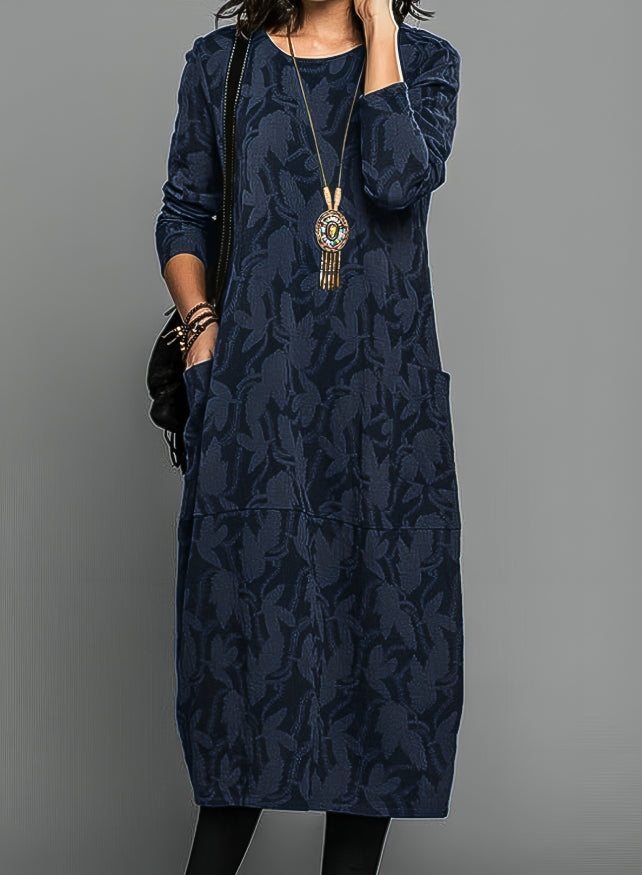 Leaf Jacquard Round Neck Long Sleeve Pocket Midi Dress