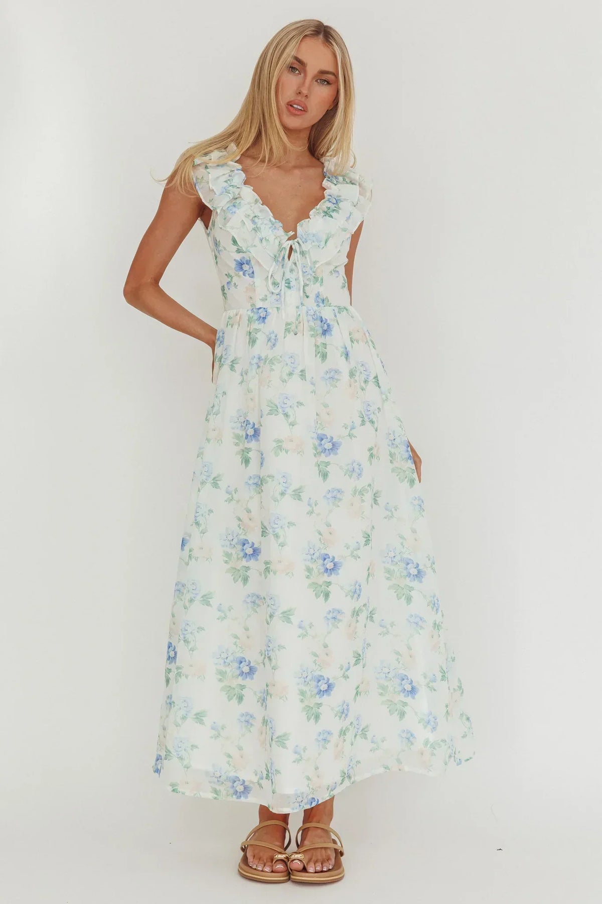 Spring Harvest Frill Neckline Maxi Dress Floral Blue