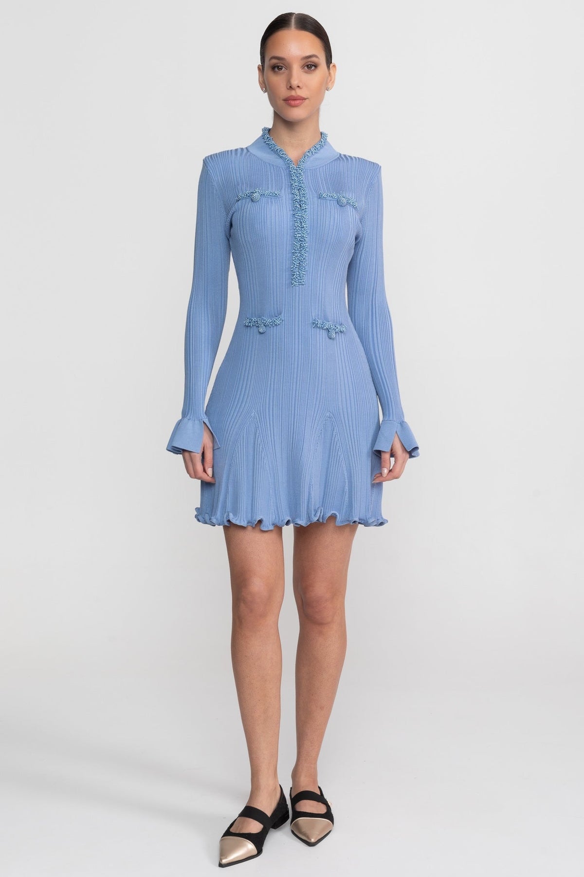 Ribbed Knit Beaded Trim Long Sleeve Flared Cuff Ruffle Hem Mini Dress