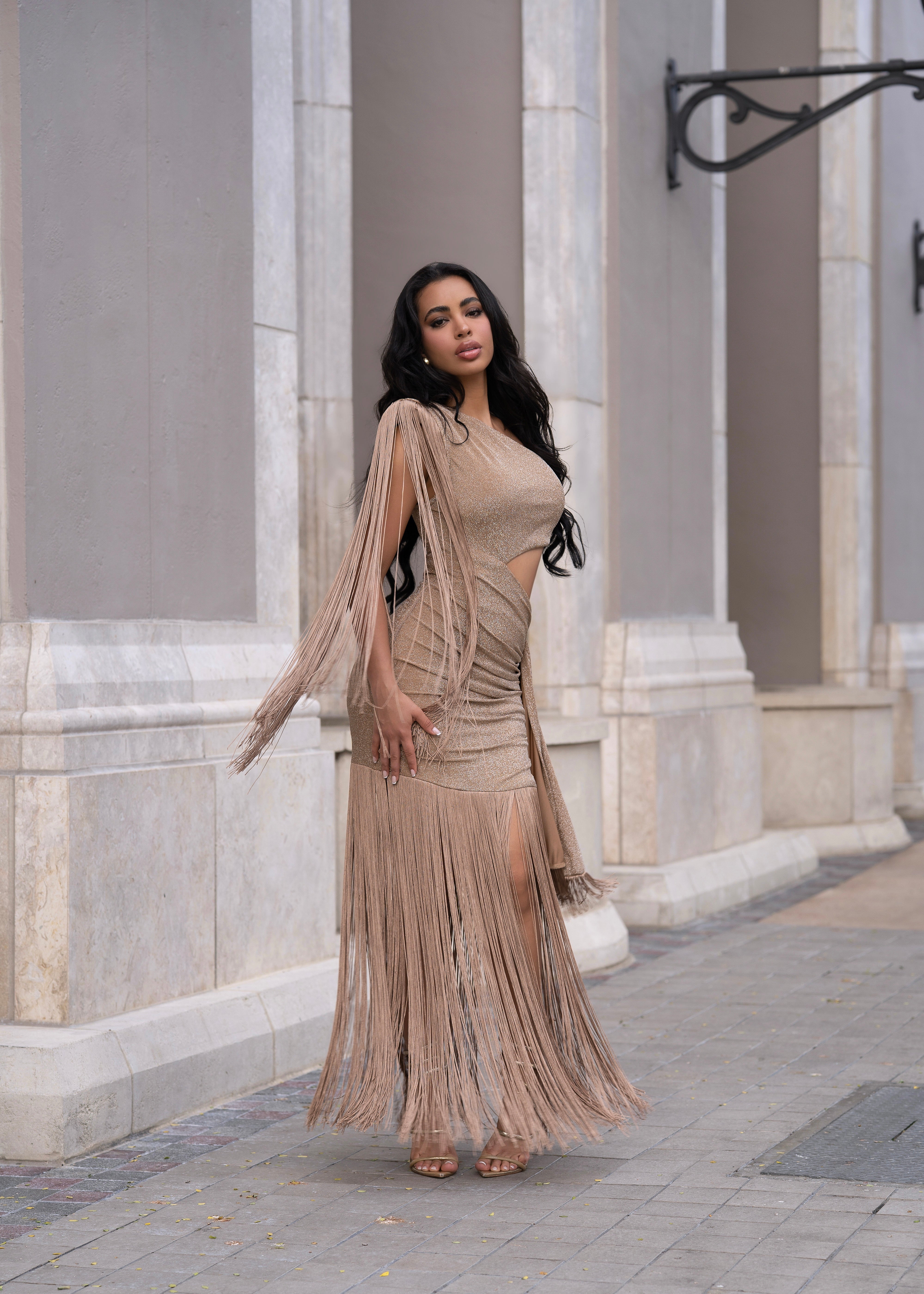 One Shoulder Fringe Cut Out Bodycon Maxi Dress