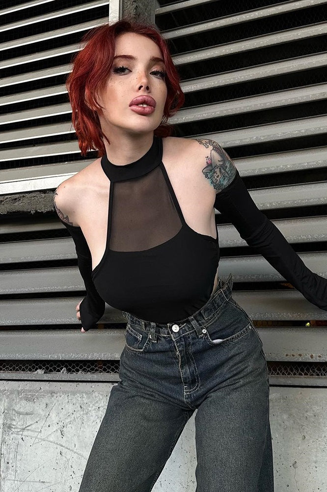 Mesh Cutout Stretch Long Sleeve Bodysuit