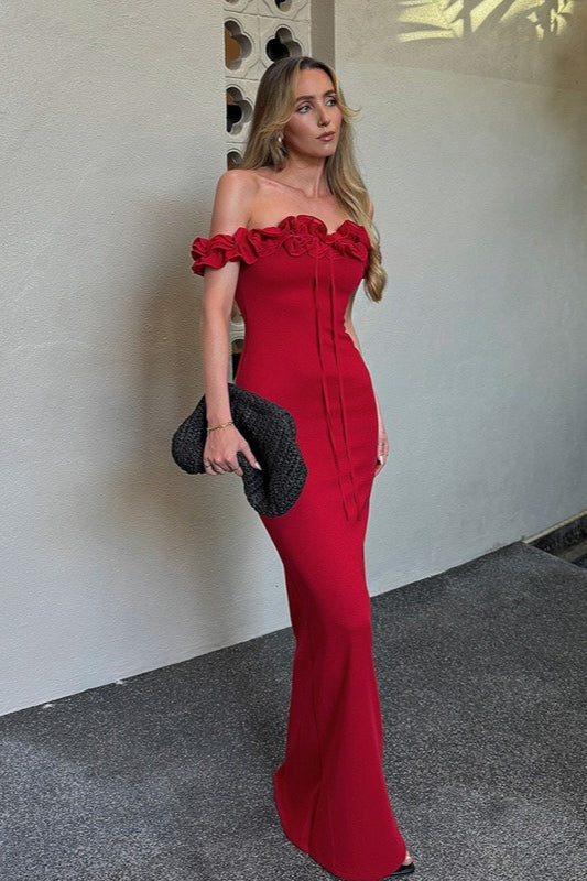 Off Shoulder Ruffle Trim Tie Front Bodycon Maxi Dress