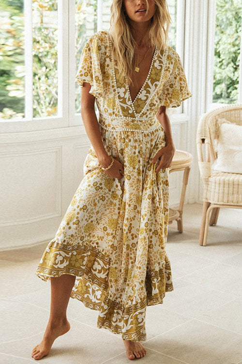 Floral Print Deep V-Neck Pom Trim Flutter Sleeve Maxi Dress