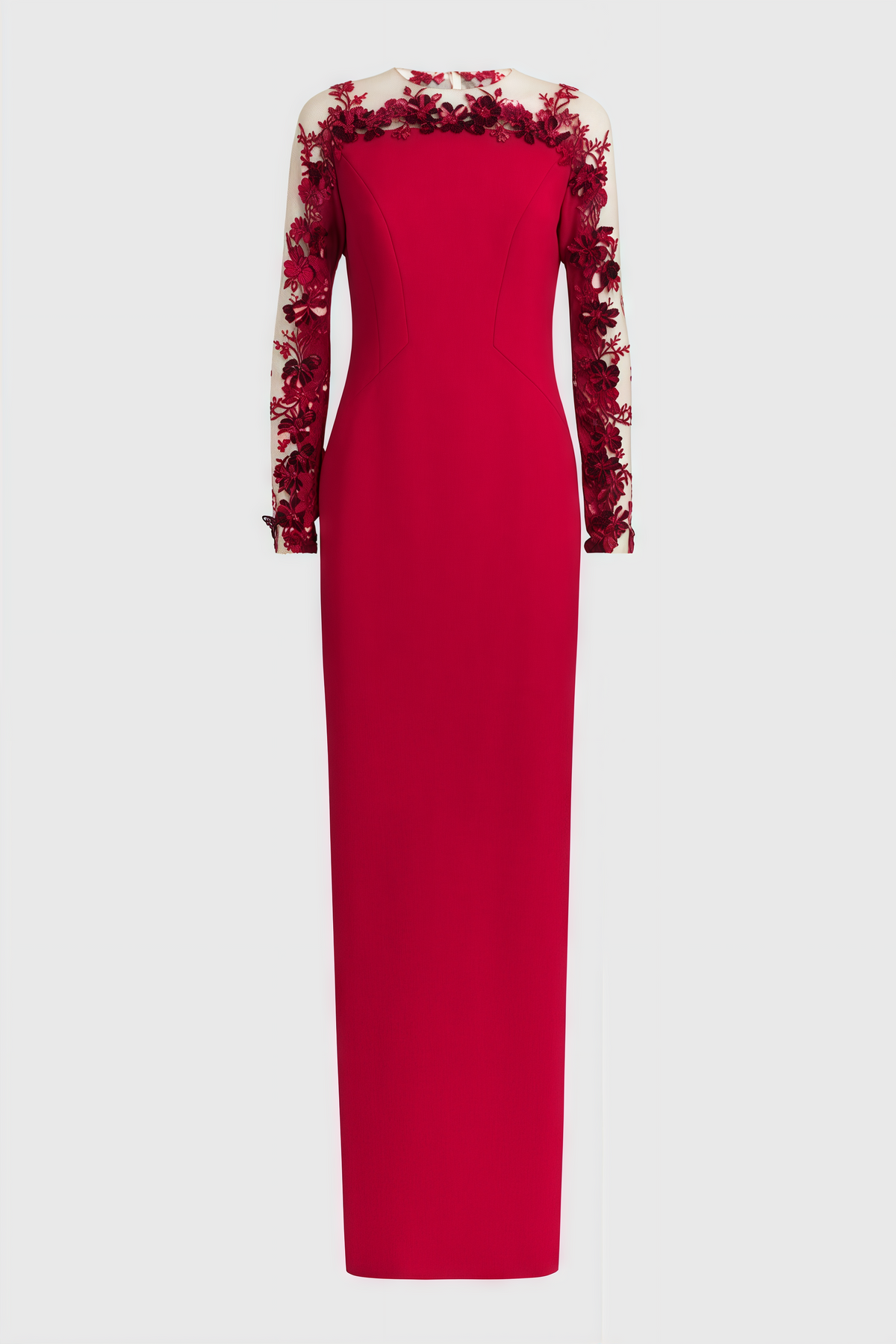 3D Floral Applique Sheer Mesh Long Sleeve Column Maxi Gown 5