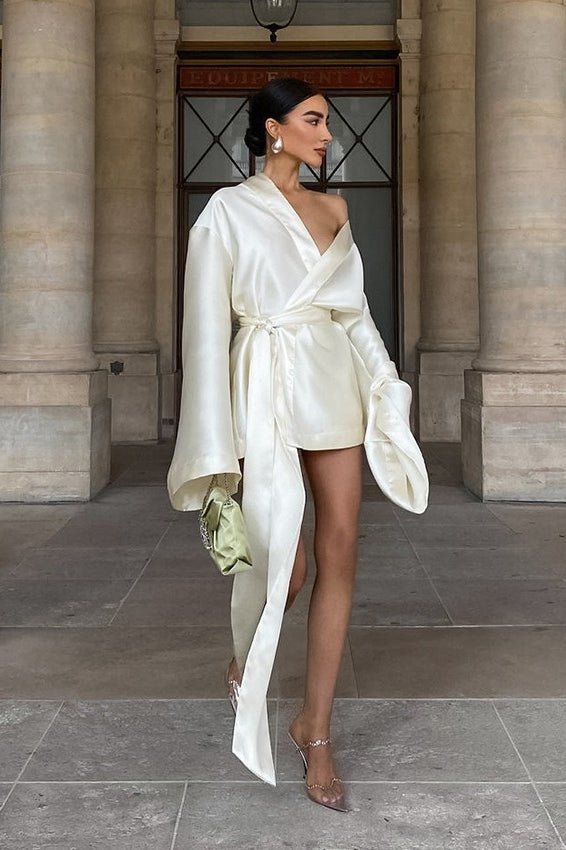 Satin Tie Front Loose Sleeve Mini Dress - View 2
