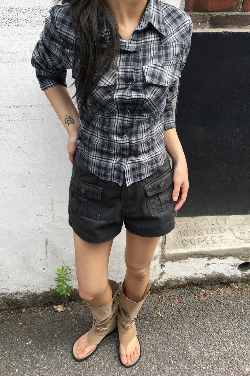 Retro Utility Checkered Blouse