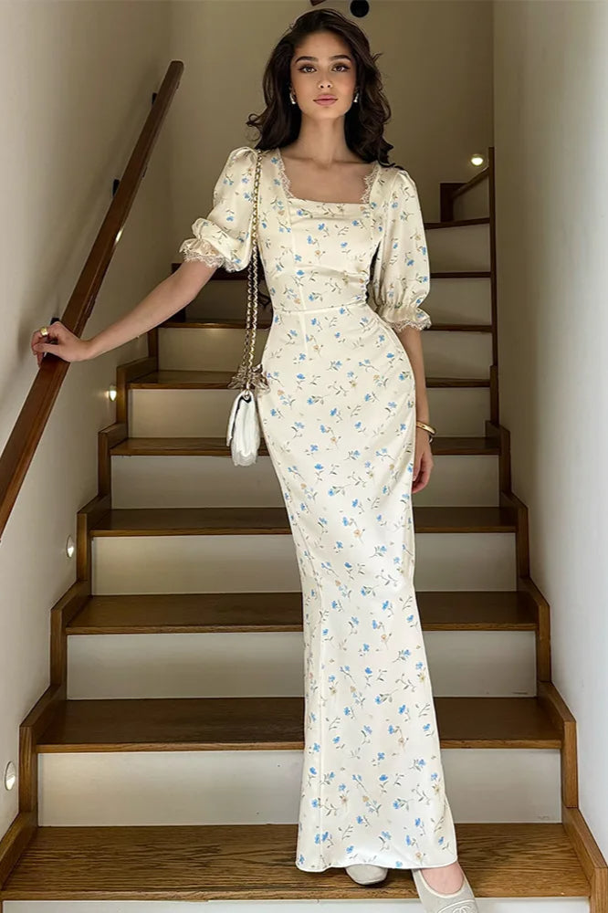 Floral Satin Square Neck Lace Trim Puff Sleeve Maxi Dress