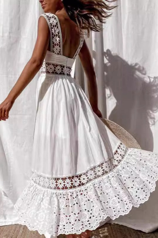 Lace Edition Spliced Sleeveless Flared Maxi Chic Boho Dress