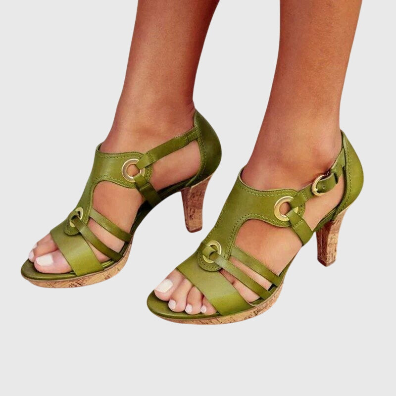Open Toe T-Strap Cork Platform Heeled Sandals