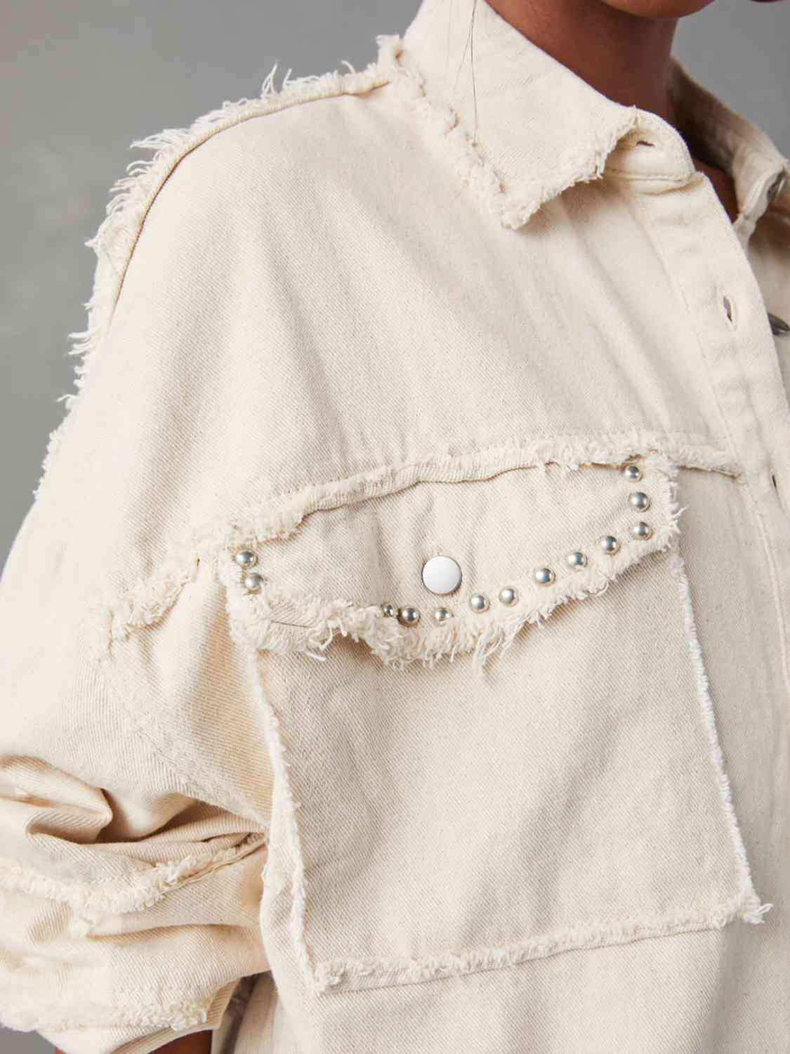 Oversized Raw Hem Button Front Long Sleeve High Low Denim Jacket 5