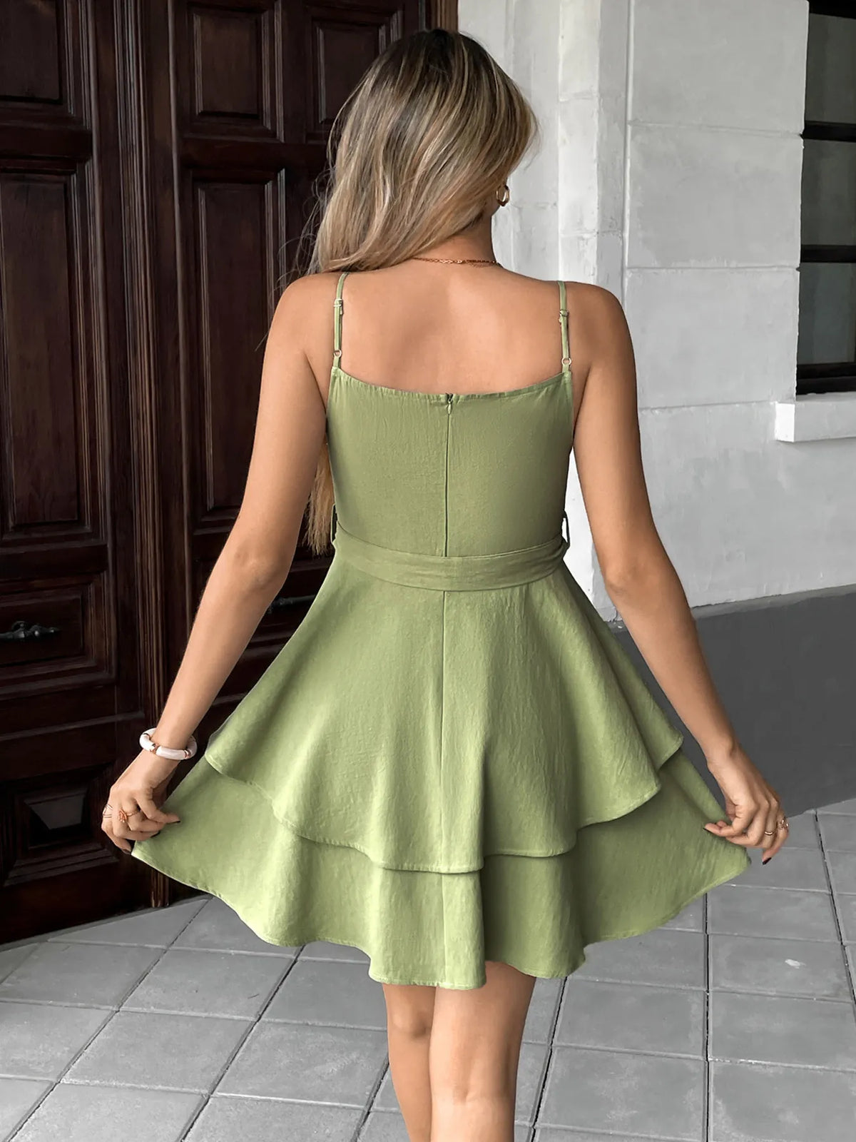 Sweetheart Neck Cami Tiered Ruffle Tie Waist Mini Dress 2