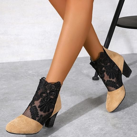 Floral Lace Mesh Rhinestone Block Heel Ankle Boots