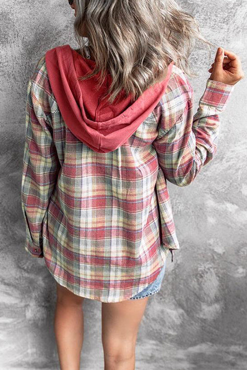 Flannel Plaid Button Down Hoodie Top