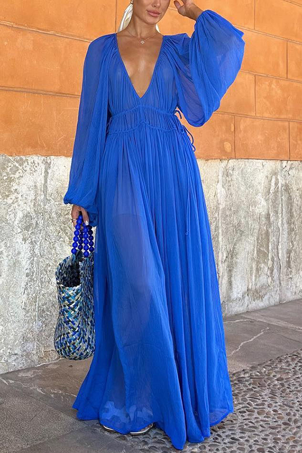 Sheer Chiffon Deep V-Neck Balloon Sleeve Ruched Waist Maxi Dress 2