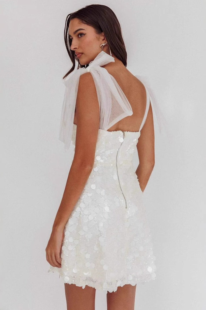 Sequin Deep V-Neck Tulle Bow Strap Bodycon Mini Party Dress