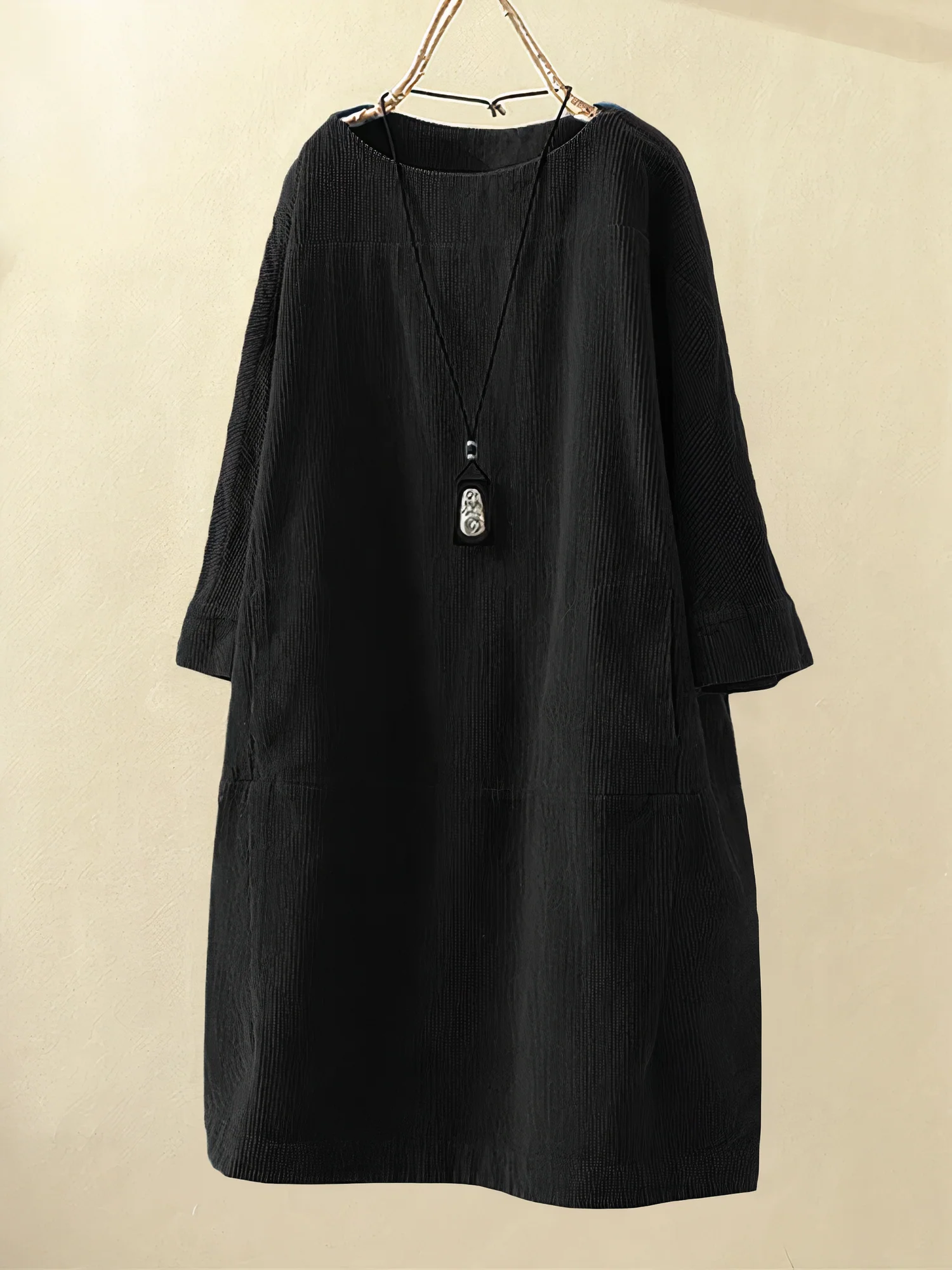 Corduroy Oversized Long Sleeve Pocket Paneled Midi Dress