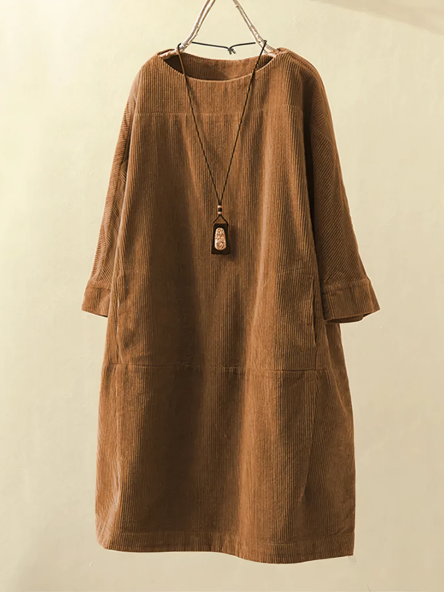 Corduroy Oversized Long Sleeve Pocket Paneled Midi Dress
