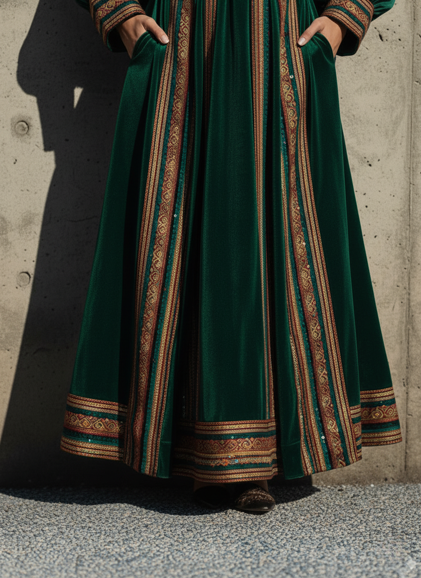 Forest Green Velvet Embroidered V-Neck Maxi Dress