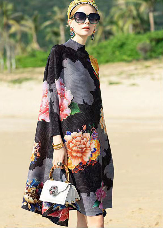 Floral Print Mock Neck Long Sleeve Crinkled Texture A-Line Midi Dress