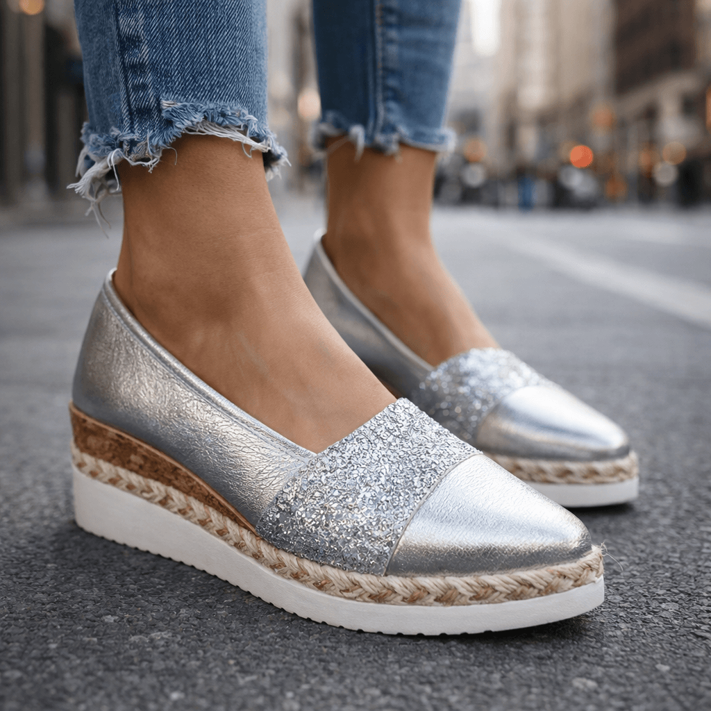 Glitter Cap Toe Slip On Espadrille Wedge Flats