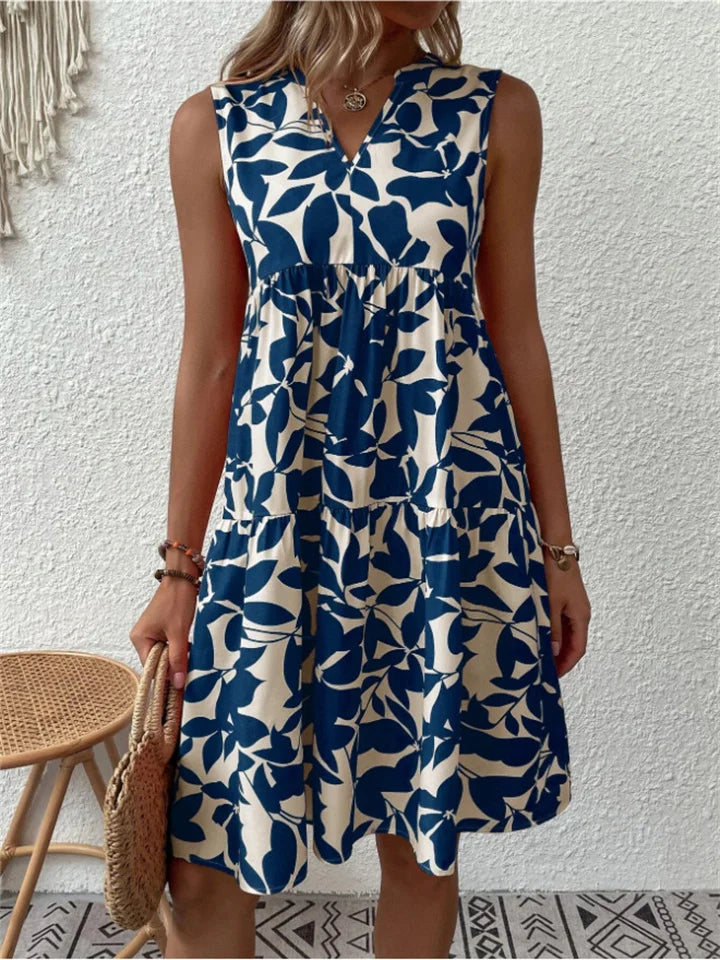 Leaf Print V-Neck Sleeveless Tiered A-Line Midi Dress 2
