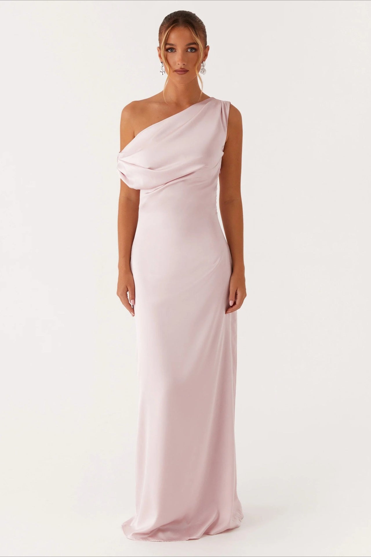 Satin Asymmetric One Shoulder Ruched Maxi Gown