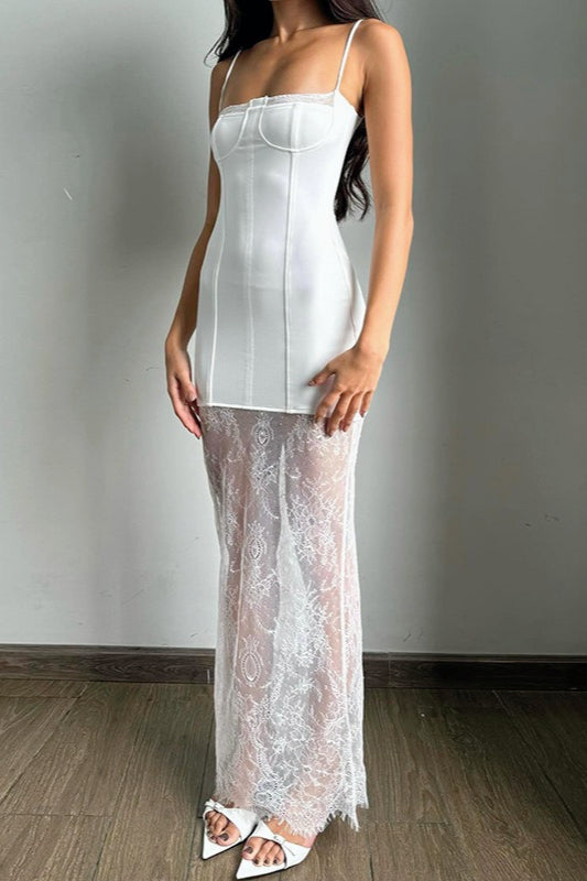 Spaghetti Strap Sweetheart Lace Trim Corset Sheer Floral Lace Overlay Maxi Gown