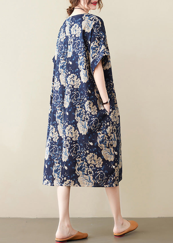 Floral Rose Print Oversized Drop Shoulder Short Sleeve Pocket Midi Shift Dress